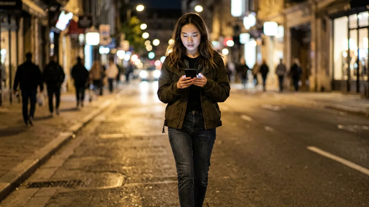 女性独自夜行场景，手持手机开启紧急联系功能，展示防范美女被男人侵犯的自我保护方法