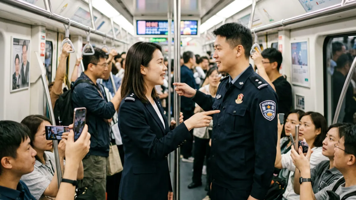 地铁车厢内乘客众多，一名女性乘客向旁边安保人员求助，周围有人用手机记录现场情况