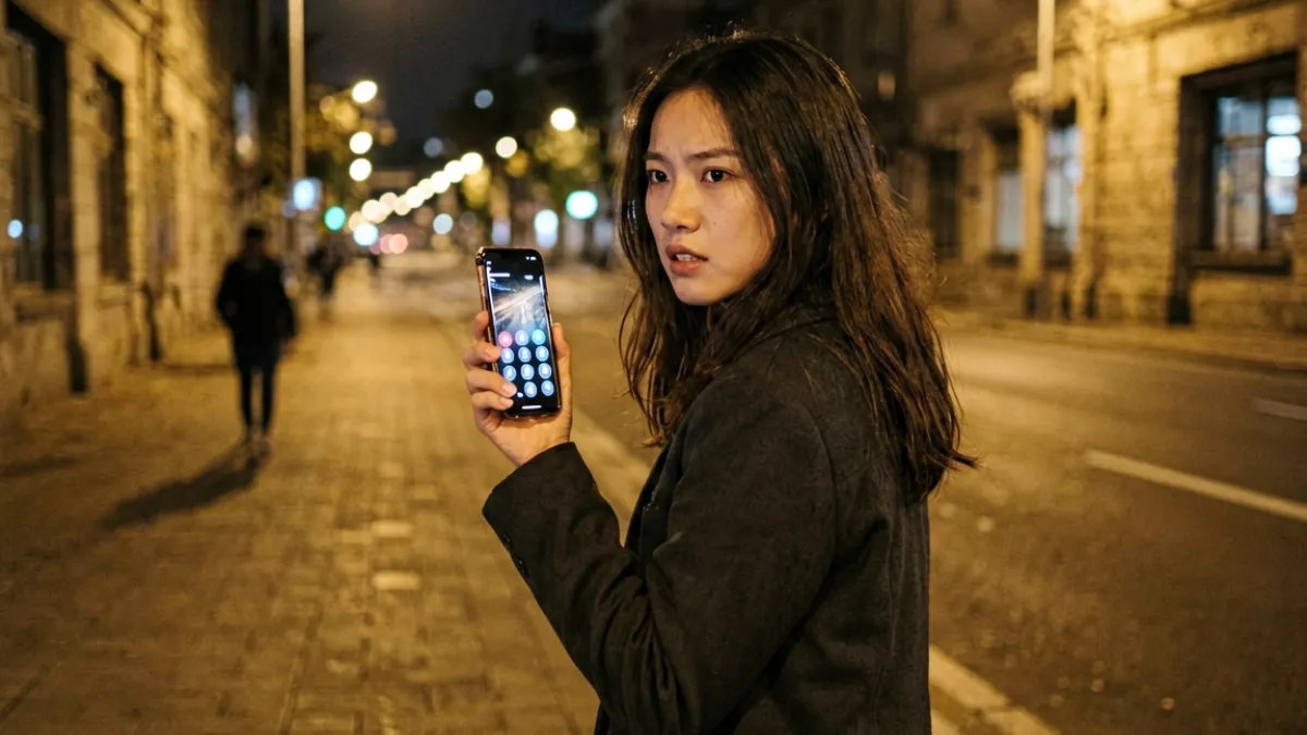 夜间街道上，一名女性独行时发现身后有人跟踪，正拿出手机准备拨打报警电话