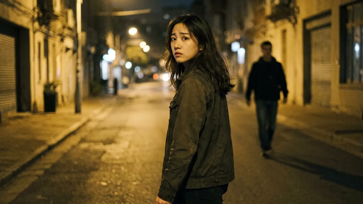 夜间街道路灯昏暗处一名女性独自步行，回头警惕身后，呈现夜间出行中美女被男人侵犯的高风险环境场景