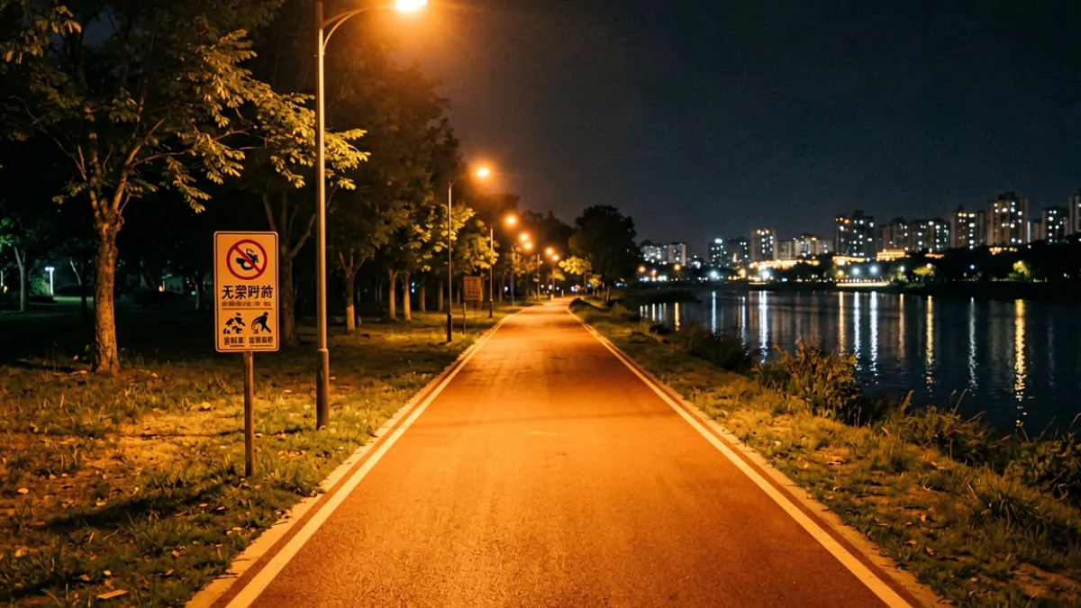 美女被男人侵犯 - 夜间公园跑道空镜：灯光昏暗的河边步道，安保警示牌孤立矗立，无人值守