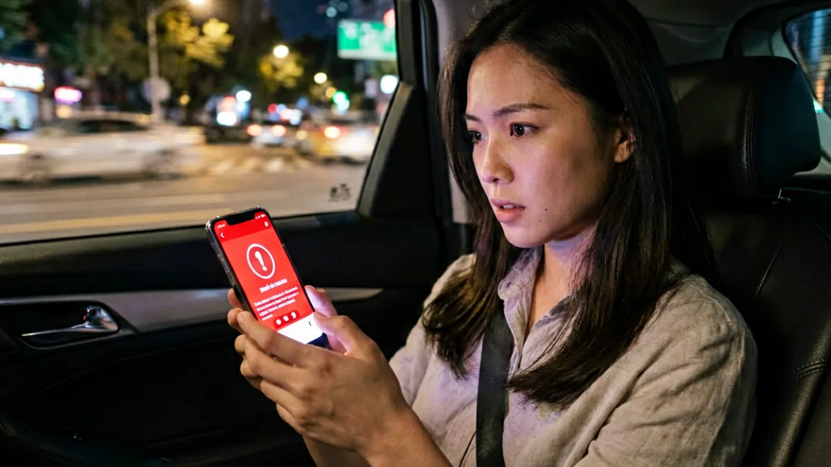 女性乘客在夜间网约车后座触发手机紧急求助按钮，屏幕显示位置正在发送给联系人